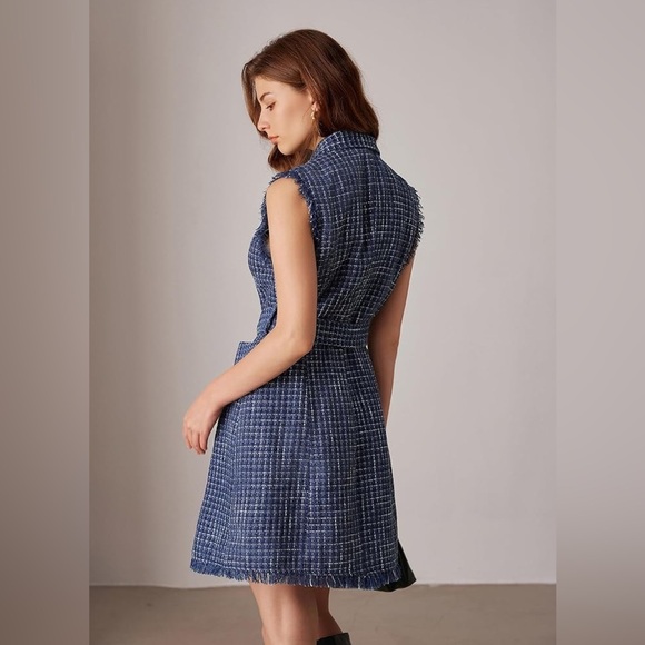 GRACE KARIN Women Tweed Sleeveless V Neck Button Down Dress Pockets Navy Blue LG - Picture 4 of 14